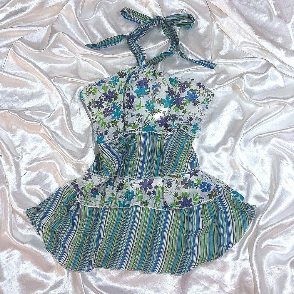 y2k Halter Top Blue Excellent Floral Stripe Tiered Ruffle Anxiety Small